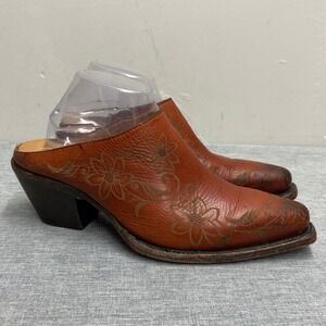 ASH Mules Women 9.5-10 Cognac Floral Etched Leather Western Pointed Toe Vintage